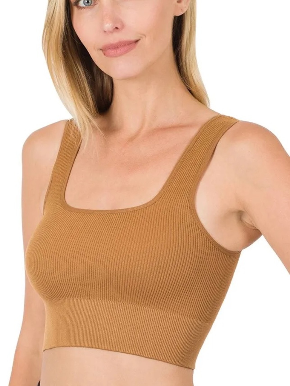 Zenana Outfitters Ribbed Square-Neck Crop Tank in Camel Brown